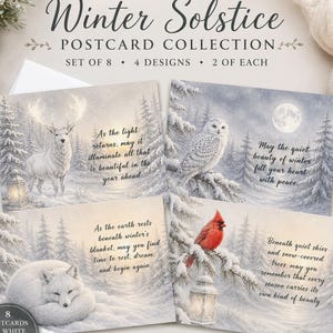 以下が含まれることがあります： 8枚セットのWinter Solsticeポストカードコレクション。4種類のデザインが各2枚ずつ含まれています。カードには雪の森の風景と鹿、フクロウ、キツネ、ショウジョウコウカンチョウが描かれており、それぞれに印刷されたメッセージと白い封筒が付属しています。