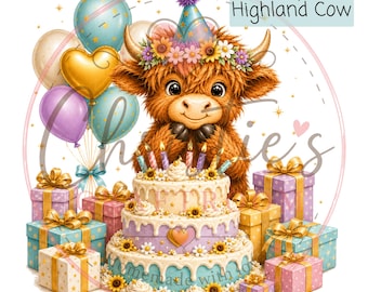 Highland Cow Birthday Clipart Bundle | Watercolor PNG Files (Digital Download)