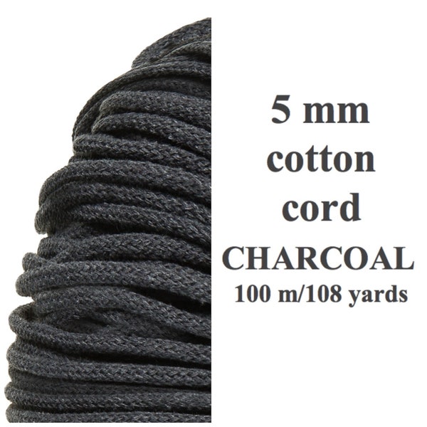 5mm Cotton Cord/Bobbiny Crochet/Charcoal Color/Braided Cord/Recycled Cotton/DIY Crochet Macrame/Bobbiny Rope/High Quality Rope