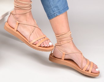 Sandalias de gladiador de cuero hechas a mano: zapatos planos griegos con cordones