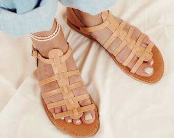 Elissa Sandals, Handmade Greek real leather sandals, Gladiator flats, Strappy Summer flat shoes,