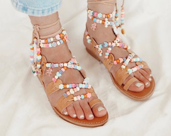 Handmade Leather Gladiator Sandals: Customized Beaded Candy Sandals