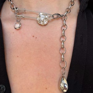 Silver Multi charms safety pin necklace, Shiny think lightweight necklace with stoned,Shimmery modern necklace, Unique Layering chain choker