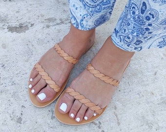 Handmade Greek Leather Sandals: Braided Strappy Summer Slides