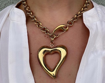 Handmade Large Gold-Plated Puffy Heart Necklace: Chunky Statement stainless steel Chain