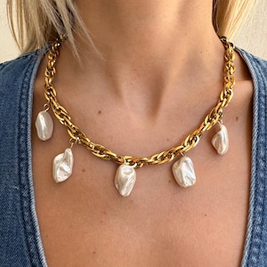 klobige Kette und Muschel Perlen Halskette, Statement Goldkette, Sommer Halskette