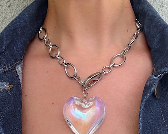 Large Iridiscent Puffy Glass Heart Pendant Necklace: Silver tone Chunky Statement stainless steel Chain