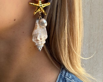 Starfish & Shell Earrings: Gold Plated, Pearl Bead - Beach Jewelry