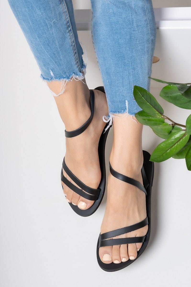 Greek Leather Handmade Strappy Classic Minimal Black Real Leather Toe Ring Flat Sandals Summer Shoes