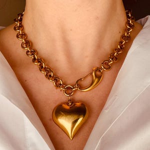 Handmade Gold-Plated Puffy Heart Necklace: Chunky Statement Chain