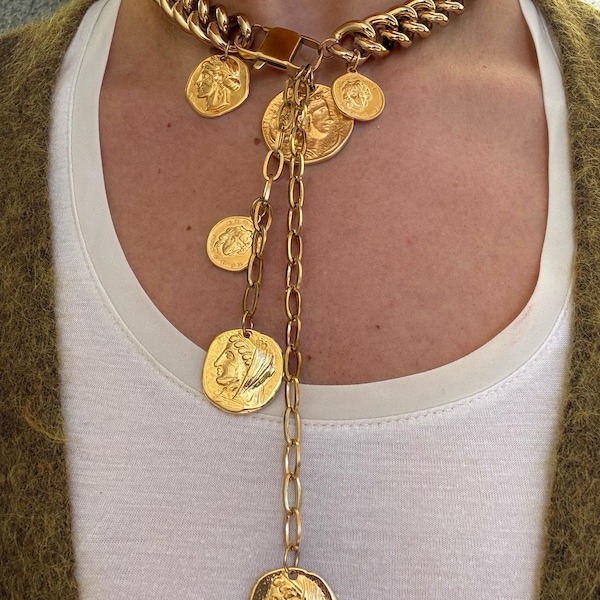 Chunky Lariat gold plated multi Coin pendant Necklace: Bold Stainless Steel Link, Statement choker