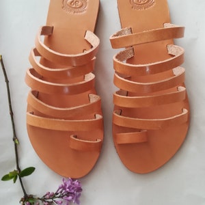 Ancient Greek Style Handmade Real Leather Strappy Thoe Ring Slide ...