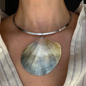 Può includere: Una collana girocollo color argento con un grande ciondolo a conchiglia iridescente. Il guscio mostra sfumature di crema, grigio e oro. La collana è indossata sopra una camicia a righe abbottonata.