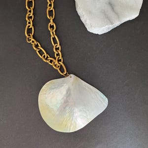 May include: A gold-tone chain necklace with a large, pearlescent, teardrop-shaped pendant. The pendant has iridescent qualities, reflecting a range of colors. The necklace is displayed on a dark gray surface.