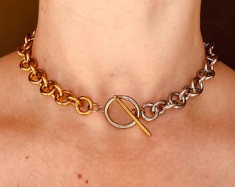 Chunky Gold and Silver Stainless Steel Chain Necklace: Handmade Toggle Choker