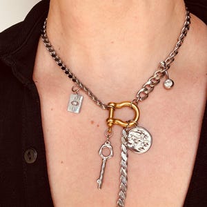 Multi charms carabiner chain necklace, Pierced cuban chain with shackle carabiner, Two tones necklace, Zircon Celestial and key charms