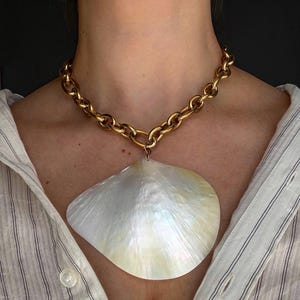 May include: A gold-toned chain necklace with a large, pearlescent, shell-shaped pendant. The necklace features a chunky chain design and a prominent, iridescent pendant. The background shows a striped shirt.