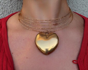 Gold tone collar Necklace with large puffy heart pendant:  Chunky Statement stainless steel collar