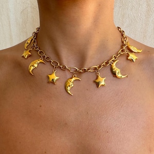 Moon and Star multi charm chunky chain necklace , Statement gold necklace,  Stainless Steel Chain
