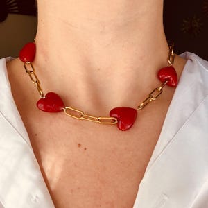 Red Glass Hearts Statement Necklace: Gold Stainless Steel Chain