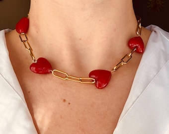 Red Glass Hearts Statement Necklace: Gold Stainless Steel Chain