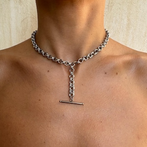 Silver T Bar Chain Necklace, Layering Stainless Steel necklace, Simple modern necklace