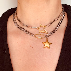 Two tone star carabiner clasp necklace, Gold and silver choker, layering modern necklace, unique gift for her