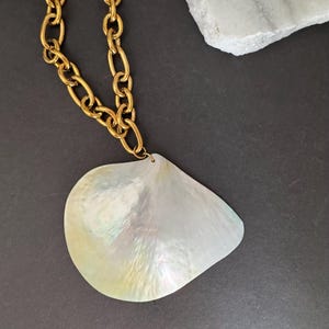 May include: A gold-tone chain necklace with a large, iridescent, teardrop-shaped pendant. The pendant has a pearlescent sheen with hints of green and yellow. The necklace is displayed on a dark gray surface.