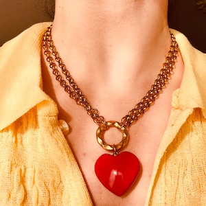 Red Puffy Heart Necklace: Gold Stainless Steel Chunky Pendant