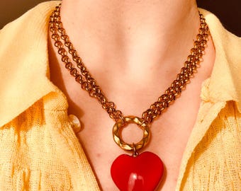 Red Puffy Heart Necklace: Gold Stainless Steel Chunky Pendant