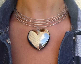 Silver tone collar Necklace with large puffy heart pendant:  Chunky Statement stainless steel collar
