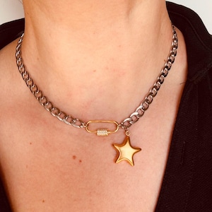 Chunky two tone carabiner necklace with zircons and puffy star pendant, Silver and gold necklace, layering necklace, Cuban chain