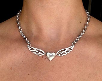 Silver tone Chain necklace with puffy heart and wings charms