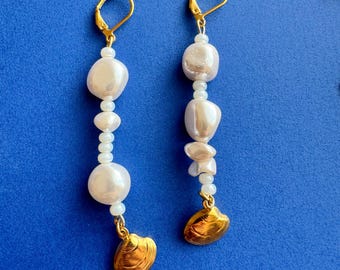 Shell Pearl Dangle Earrings: Gold Plated Beach Wedding Jewelry