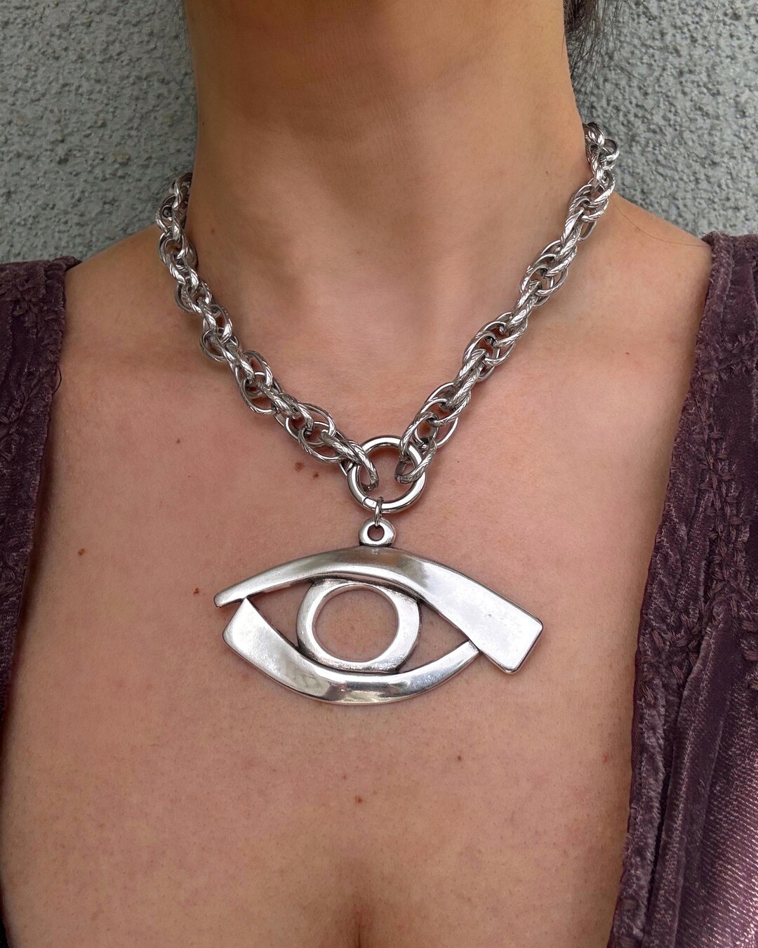 Large Evil Eye Pendant Necklace: Stainless Steel Chunky Chain, Modern ...