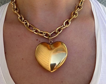 Big Gold plated Puffy Heart Necklace: Chunky Statement stainless steel Chain