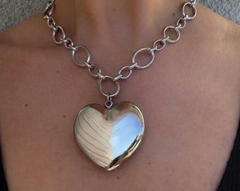 Large Silver Plated Puffy Heart Necklace: Chunky Statement stainless steel Chain