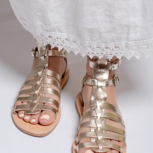 Calisto Sandals, Handmade Greek real leather gold gladiator sandals, store roman summer flats