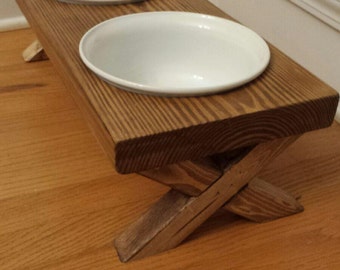 Dog Bowl, Dog Bowl Stand, Large Farm Table Dog Bowl Dish Feeder, light walnut stain, 22x10x6, white bowls