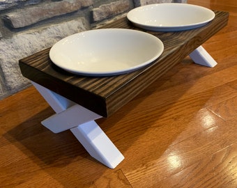 Dog Bowl, Dog Bowl Stand, Raised Dog Bowl Feeder, Kona Stained Top, White Legs 22x10x6