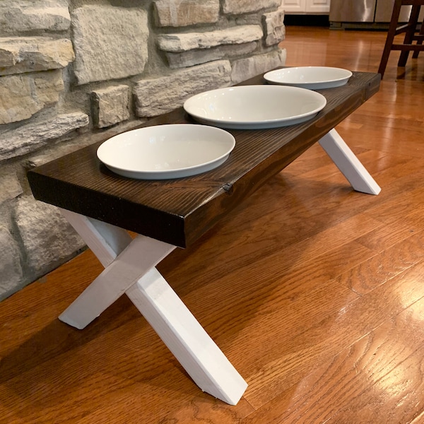 Dog Bowl, Elevated Dog Feeder, Raised Dog Bowl, 3 Dog Bowl, Farmhouse Table, kona stain, white ceramic bowls 28x10x10