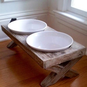 Dog Bowl, Dog Bowl Stand, Raised Dog Bowl Feeder, Farm Table, Raised, Distressed, Whitewashed, Reclaimed Wood, Rustic