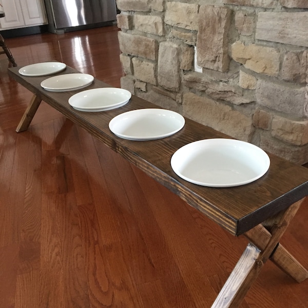 Dog Bowl, Dog Bowl Stand, 5 Large Bowl Raised Dog Feeder, Dark Walnut Stain, White Ceramic Bowls, 58x10x12