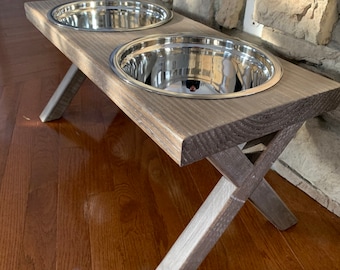 Dog Bowl, Dog Bowl Stand, XXL Stand, 5 Quart Stainless Steel Bowls, Farm Table, Raised, Distressed, Whitewashed, Reclaimed Wood, Rustic