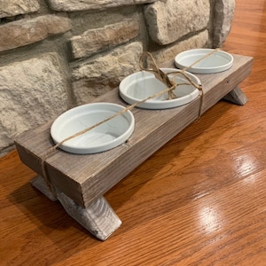Small Dog Bowl, Small Dog Bowl Stand, Small Elevated Dog Feeder, Raised Dog Feeder, 3 ceramic bowls, whitewashed, farm table 18x7x4.5