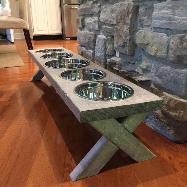 Dog Bowl, Extra large dog bowl feeder, 5 Bowl, (8”, 8”, 10”, 8”, 8”)Stainless Steel Bowls, whitewashed, 54x12x10