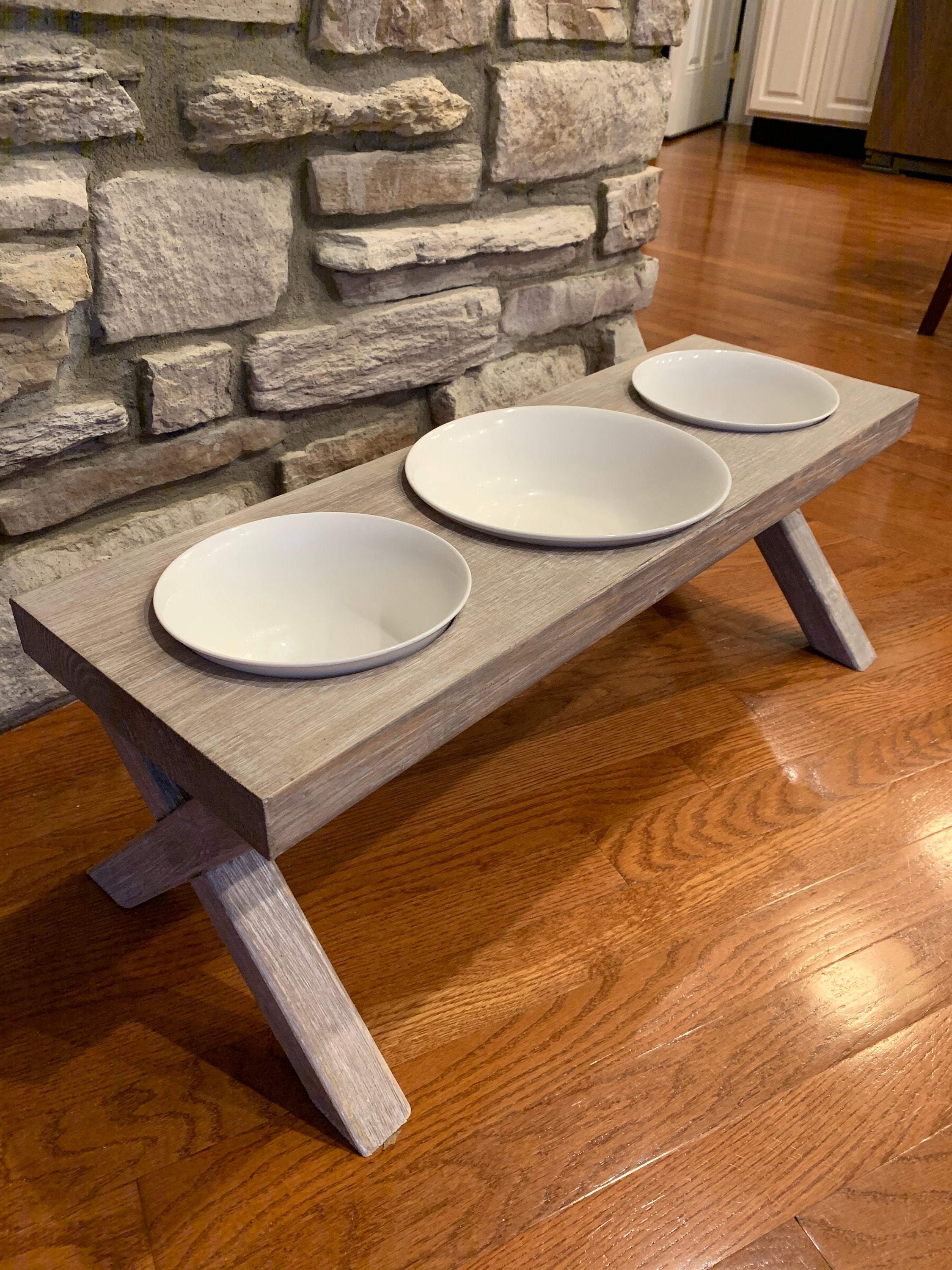 Dog Bowl, Dog Bowl Stand, Raised Dog Bowl Feeder, elevated feeder, farm table, whitewashed, 3 white bowls 28x10x10