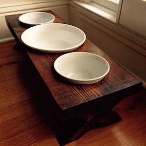 Dog Bowl, 3 Dog Bowl, raised elevated feeder, farm table, carrington stain, white bowls 28x10x6