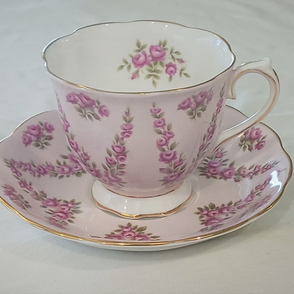 RARE Royal Albert - Pink Brocade - Tea Cup & Saucer-  Fine Bone China Made in England - Silk Shot - Blue Taffeta - Vintage