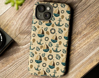 Nautical Sailboat Pattern iPhone Tough Case, Tropical iPhone 15, Beach iPhone 14, Ocean Life iPhone 13, Island Life iPhone 12, Seashell Case